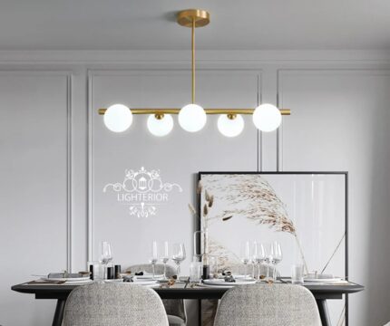 Modern Gold Chandelier with White Glass Globes – 5-Light LED Ceiling Pendant