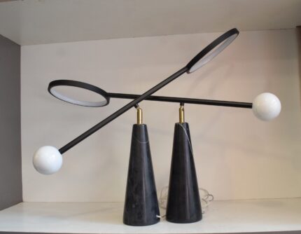 Modern Twin-Arm Table Lamp with Black Marble Base & Matte Black Finish_Pair